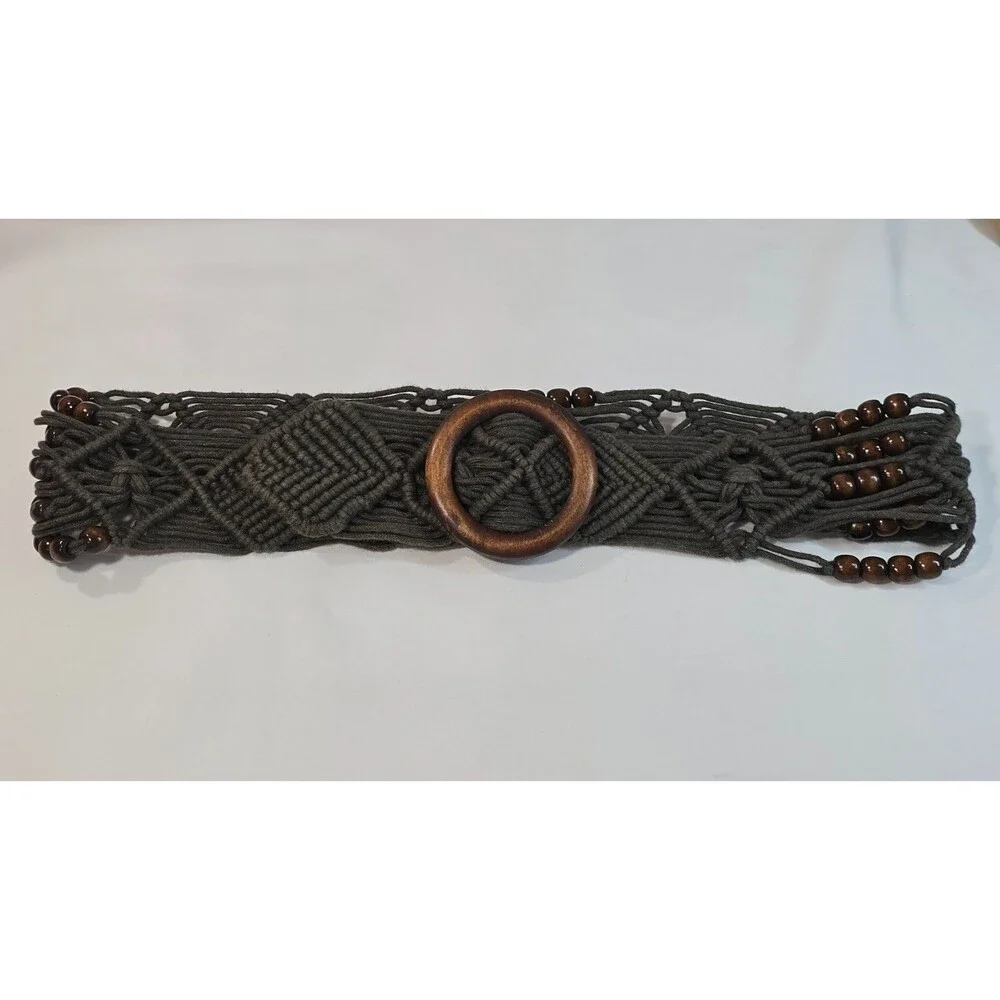 Women's Boho Macrame Rope Belt Brown with Wood Beads & Buckle Y2K